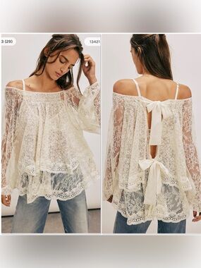 Free People Goldie off the shoulder ivory tiered lace top L